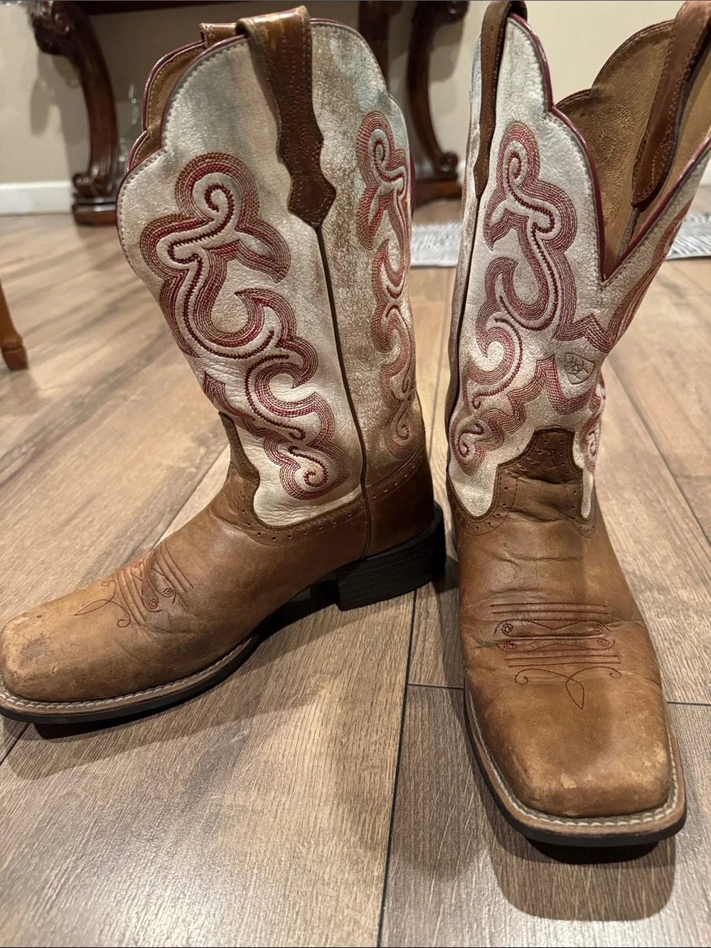 Ariat Women’s Brown Leather Cowboy Boots with White & Red Embroidered Shaft